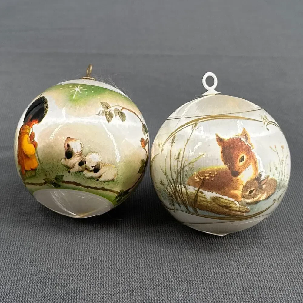 VTG Silk Christmas Ornament Baby deer Shepherd lamb Scenic American Legion 80s